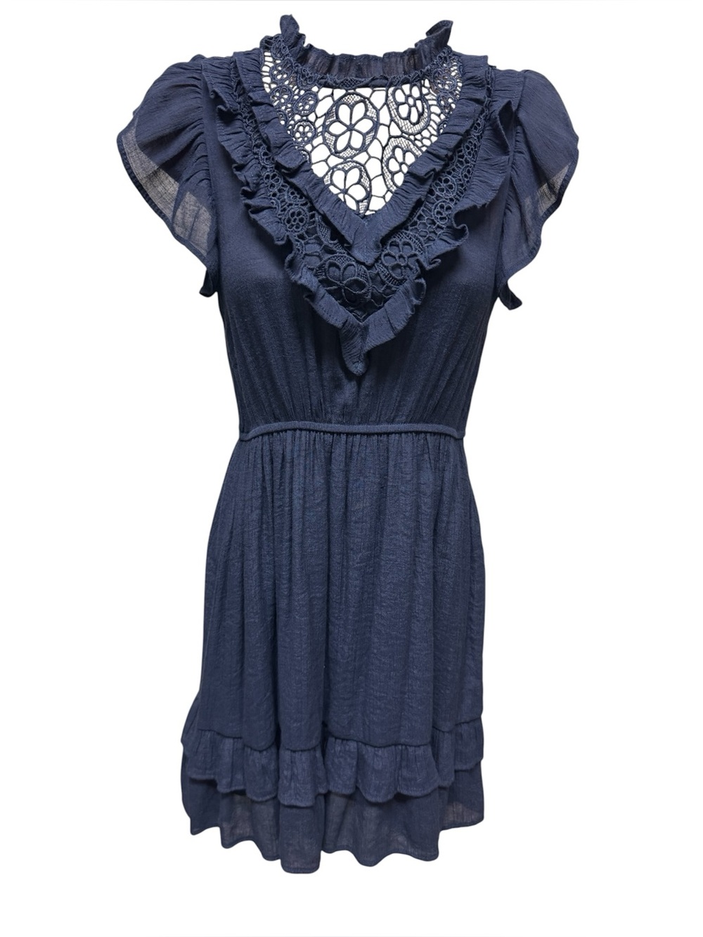MINE Junior Navy Blue Lightweight Ruffle Dress Women’s Size Small Lined Casual